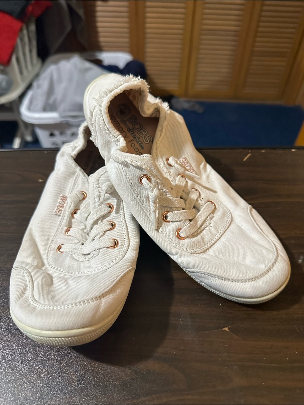 Skechers Women’s White Canvas Sneakers with Rose Gold Eyelets